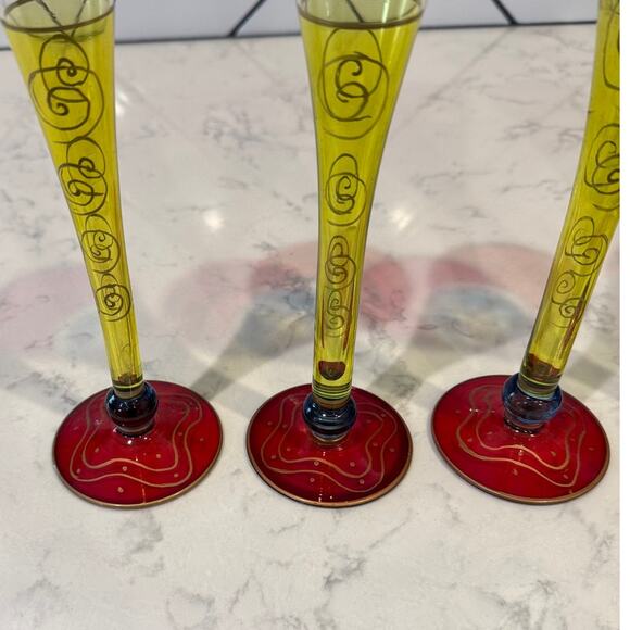 Pier 1 Fluted Champagne Glasses Set Red Blue Yellow Gold Swirls star Stemware x4 - Picture 3 of 8